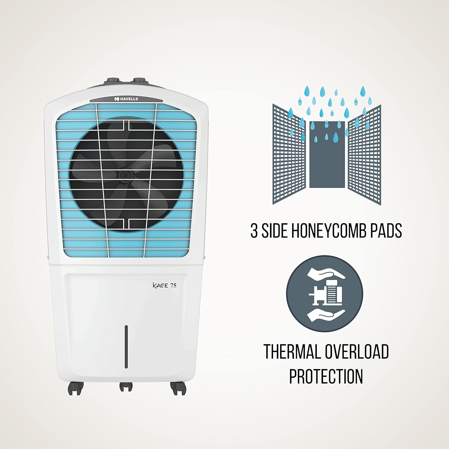 Havells Kace 75L Desert Air Cooler for home Powerful Air Delivery Everlast Pump Ice Chamber 3 Side High Density Honeycomb Pads Heavy Duty WhiteBlue