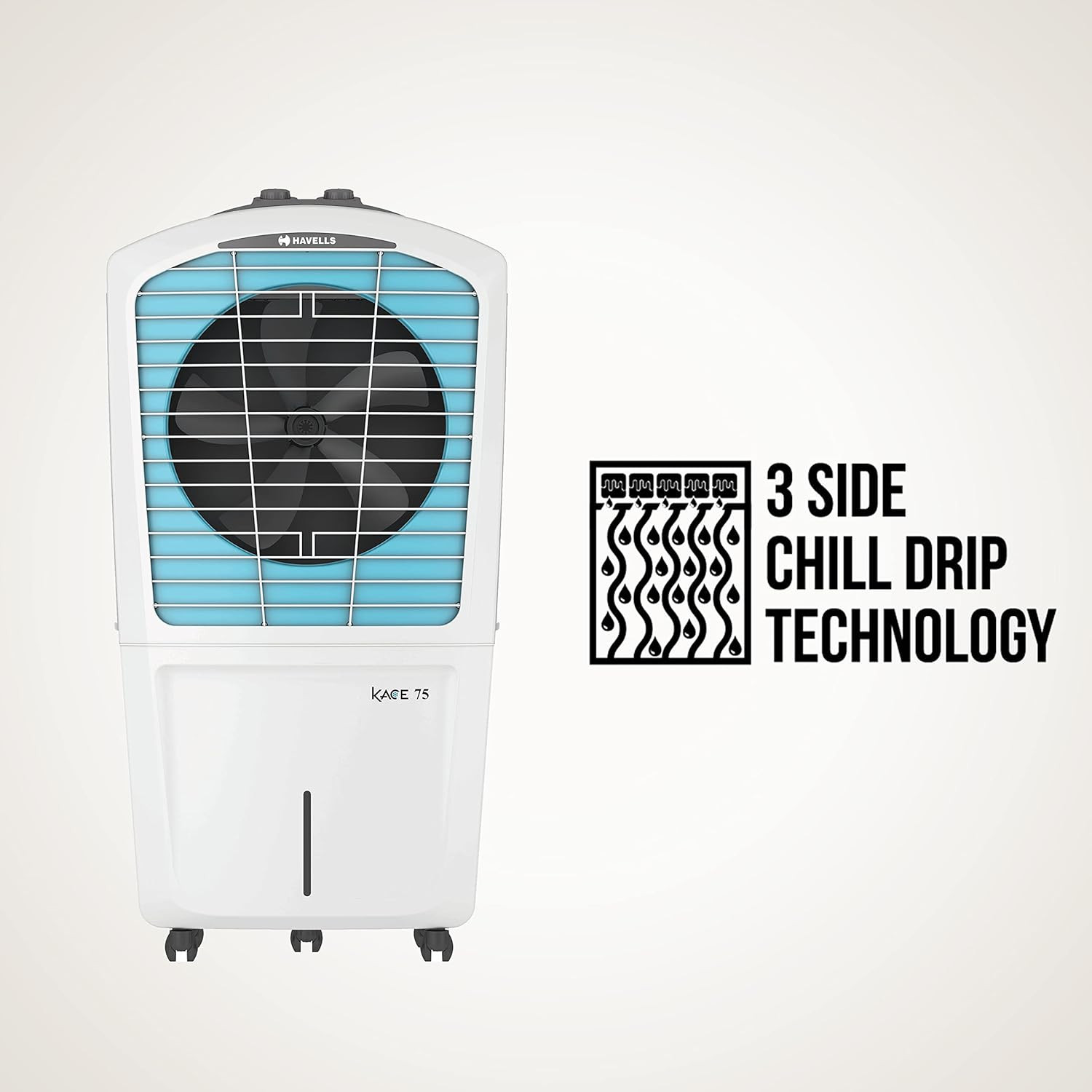 Havells Kace 75L Desert Air Cooler for home Powerful Air Delivery Everlast Pump Ice Chamber 3 Side High Density Honeycomb Pads Heavy Duty WhiteBlue