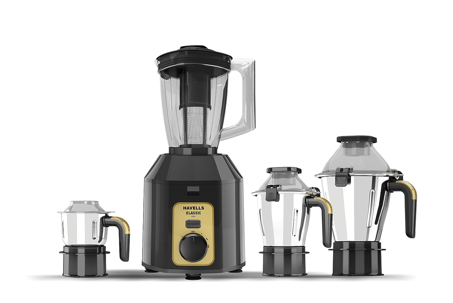 Havells Klassic 1000 watts 4 Jar Mixer Grinder I 25 Kg Double Ball Bearing Copper Motor I 22000 RPM I 100 Minutes Run Time I Metal Teeth Coupler Jar Base I Polycarbonate Jar Lids with Lock Grey