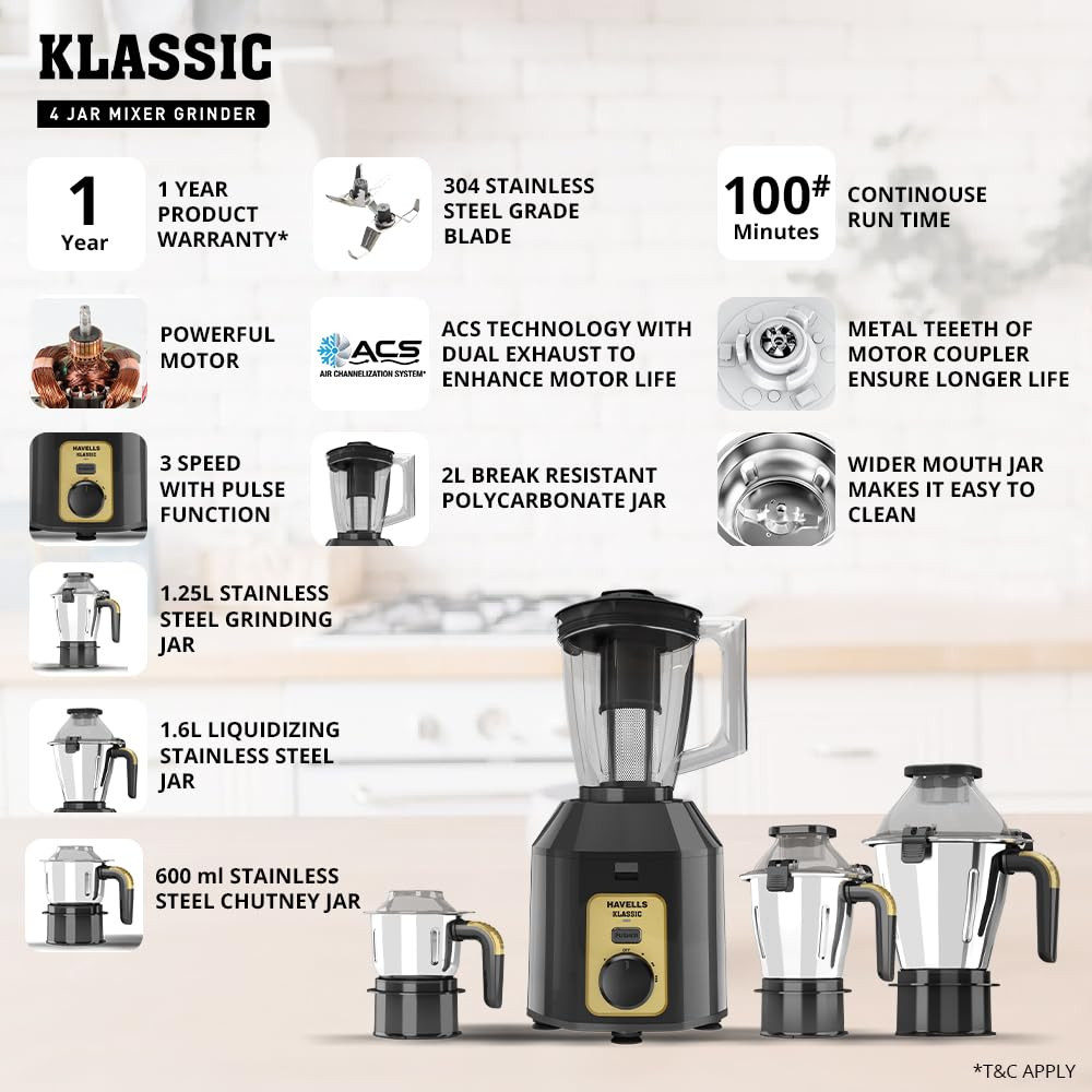Havells Klassic 1000 watts 4 Jar Mixer Grinder I 25 Kg Double Ball Bearing Copper Motor I 22000 RPM I 100 Minutes Run Time I Metal Teeth Coupler Jar Base I Polycarbonate Jar Lids with Lock Grey
