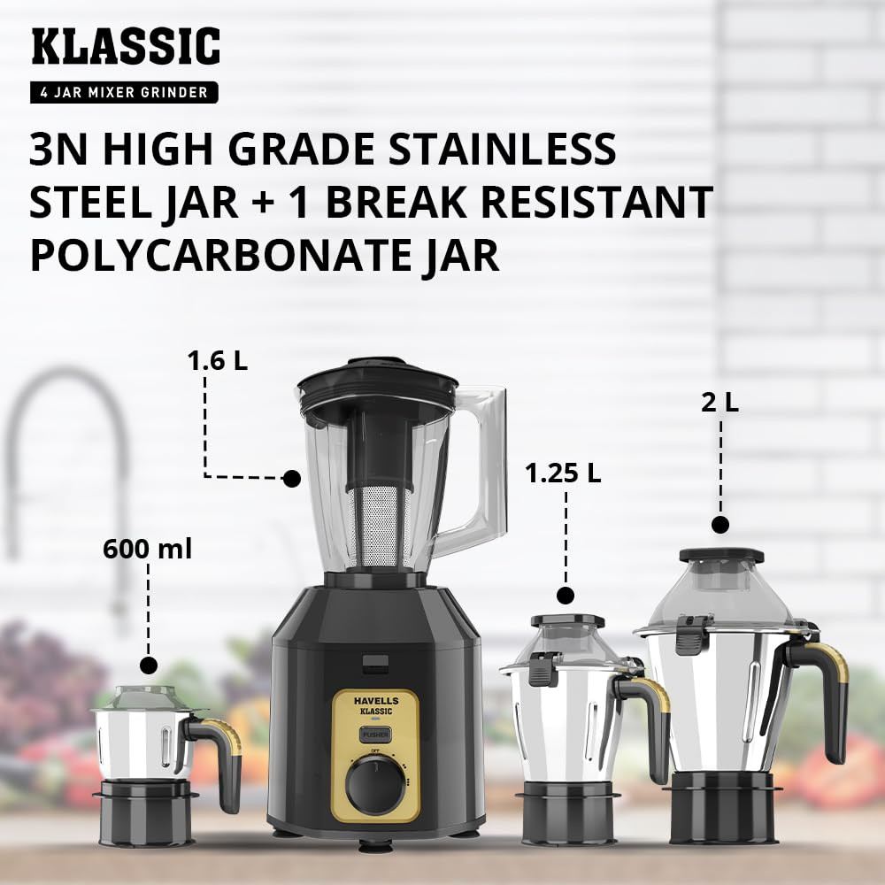 Havells Klassic 1000 watts 4 Jar Mixer Grinder I 25 Kg Double Ball Bearing Copper Motor I 22000 RPM I 100 Minutes Run Time I Metal Teeth Coupler Jar Base I Polycarbonate Jar Lids with Lock Grey