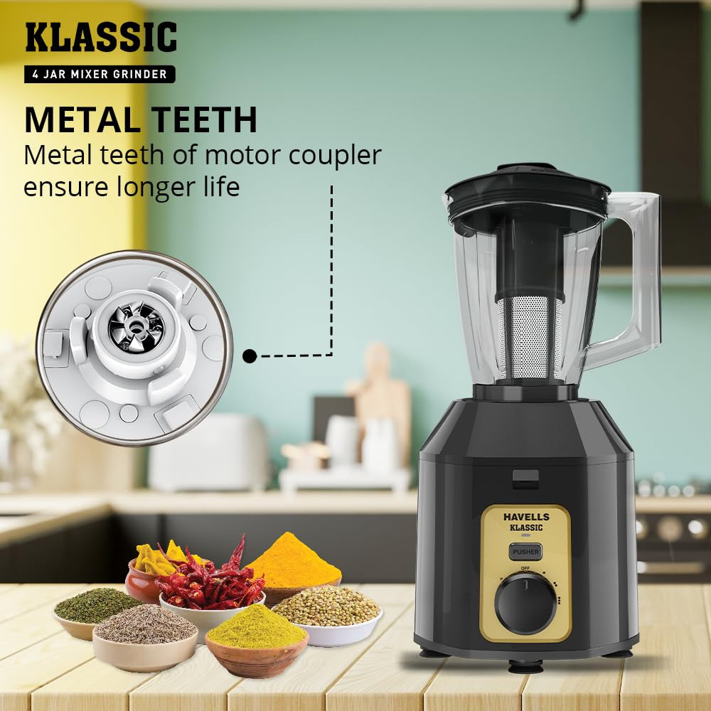 Havells Klassic 1000 watts 4 Jar Mixer Grinder I 25 Kg Double Ball Bearing Copper Motor I 22000 RPM I 100 Minutes Run Time I Metal Teeth Coupler  Jar Base I Polycarbonate Jar Lids with Lock Grey