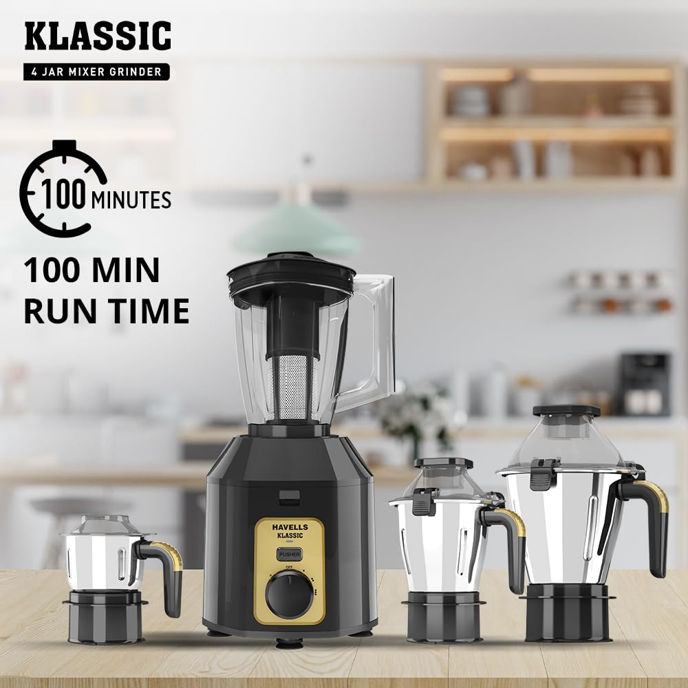 Havells Klassic 1000 watts 4 Jar Mixer Grinder I 25 Kg Double Ball Bearing Copper Motor I 22000 RPM I 100 Minutes Run Time I Metal Teeth Coupler  Jar Base I Polycarbonate Jar Lids with Lock Grey