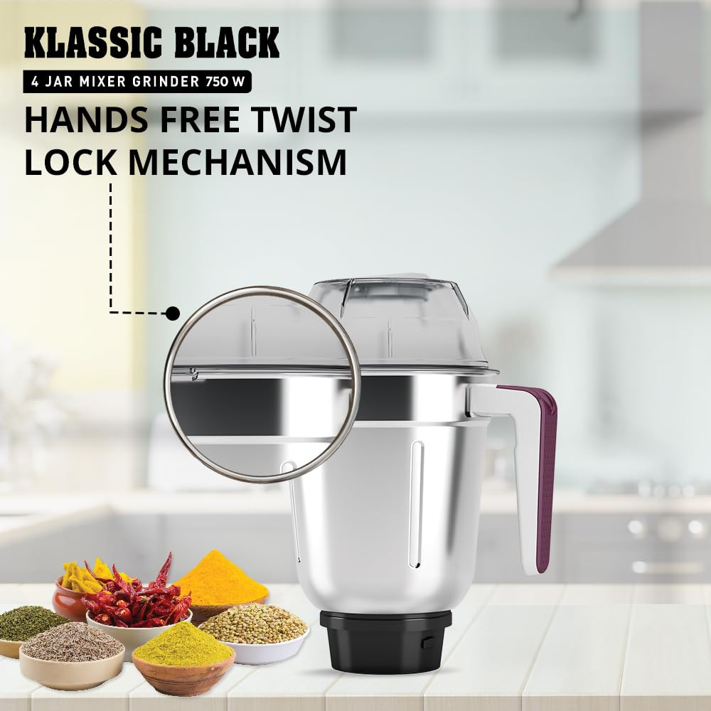 Havells Klassic 750 Watt 4 Jar Mixer Grinder 21000 RPM Heavy Duty Universal Motor 304 SS Blades Large Size Break Resistant JarLids With Twist Lock Mechanism- Black