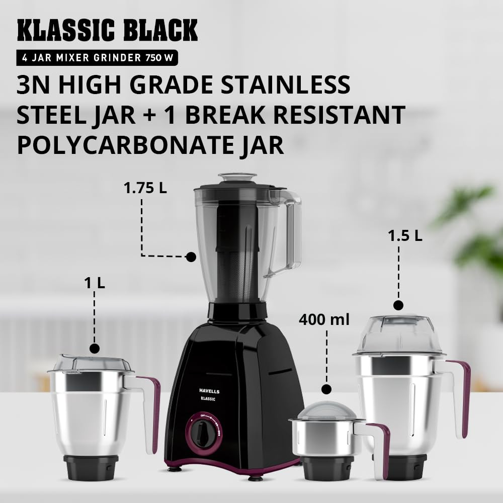 Havells Klassic 750 Watt 4 Jar Mixer Grinder 21000 RPM Heavy Duty Universal Motor 304 SS Blades Large Size Break Resistant JarLids With Twist Lock Mechanism- Black