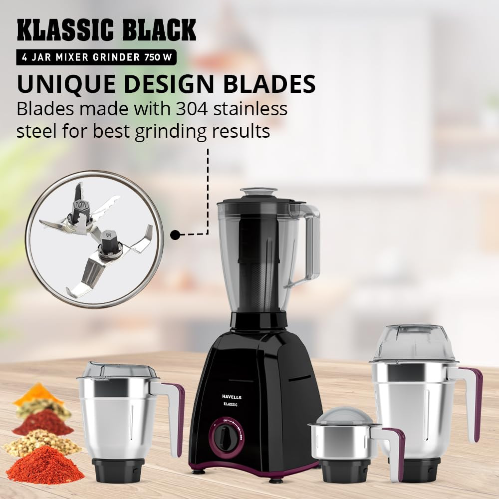 Havells Klassic 750 Watt 4 Jar Mixer Grinder 21000 RPM Heavy Duty Universal Motor 304 SS Blades Large Size Break Resistant JarLids With Twist Lock Mechanism- Black