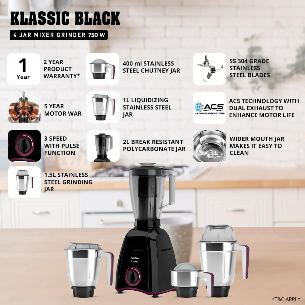 Havells Klassic 750 Watt 4 Jar Mixer Grinder 21000 RPM Heavy Duty Universal Motor 304 SS Blades Large Size Break Resistant JarLids With Twist Lock Mechanism- Black