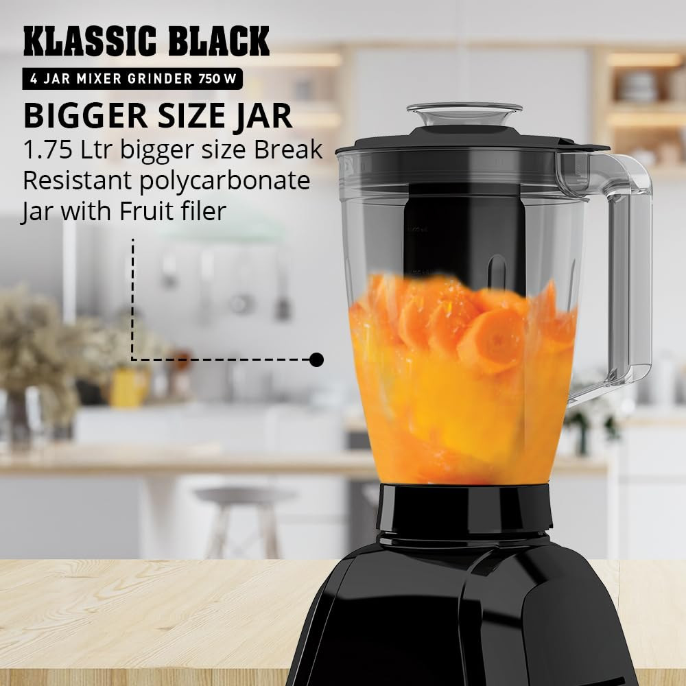 Havells Klassic 750 Watt 4 Jar Mixer Grinder 21000 RPM Heavy Duty Universal Motor 304 SS Blades Large Size Break Resistant JarLids With Twist Lock Mechanism- Black