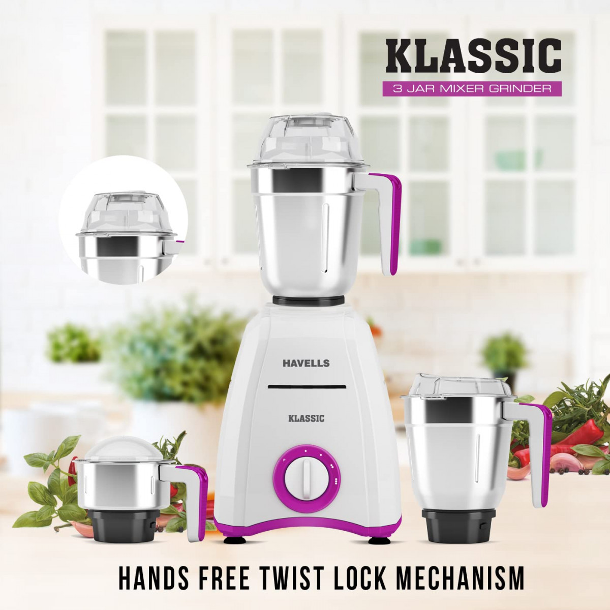 Havells Klassic 750 watts 3 Jar Mixer Grinder with 304 SS Blades Large Size SS Jars Break Resistant Polycarbonate Transparent Jar Lids With Twist Lock Mechanism