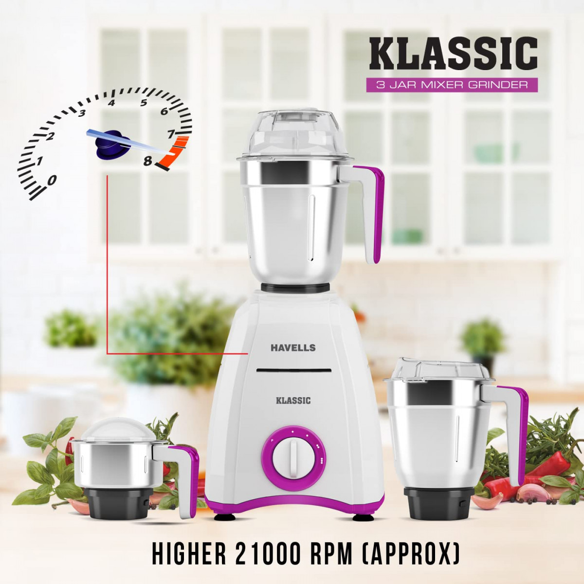 Havells Klassic 750 watts 3 Jar Mixer Grinder with 304 SS Blades Large Size SS Jars Break Resistant Polycarbonate Transparent Jar Lids With Twist Lock Mechanism
