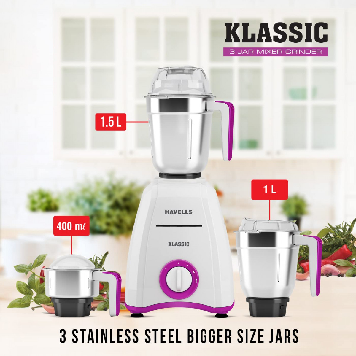 Havells Klassic 750 watts 3 Jar Mixer Grinder with 304 SS Blades Large Size SS Jars Break Resistant Polycarbonate Transparent Jar Lids With Twist Lock Mechanism