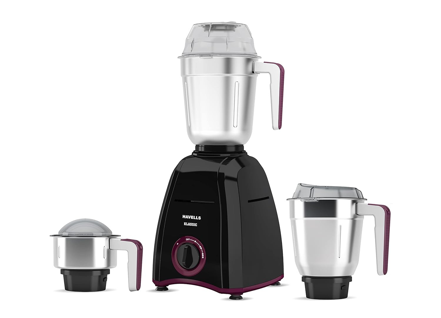 Havells KLASSIC 750W 3 Jar Mixer Grinder 304 Rust Resistant SS Blades Bigger Size Jars with break Resistant polycarbonate Transparent Lids with Hands free Twist Lock Mechanism Black