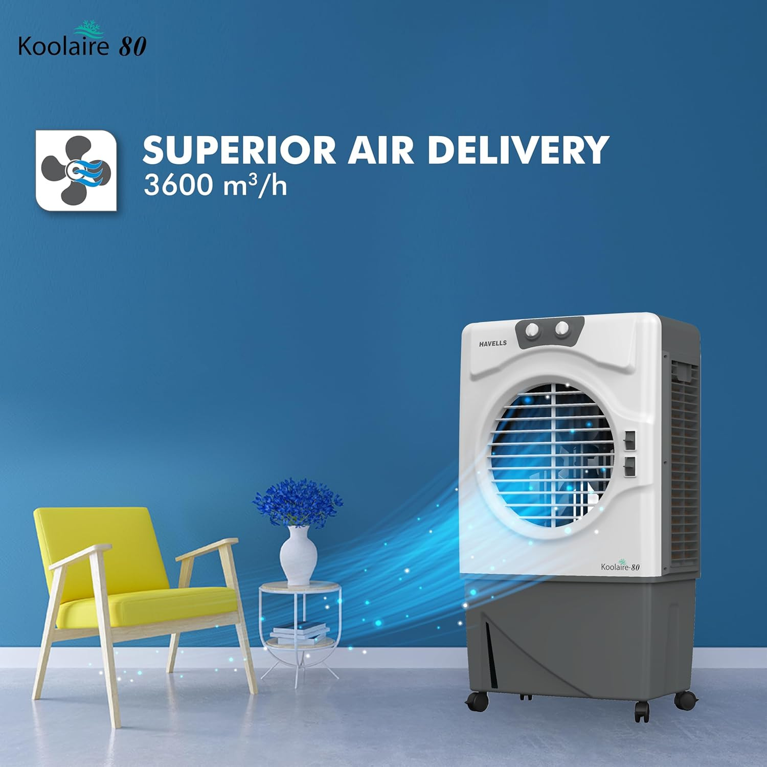 Havells Koolaire 80L Desert Air Cooler for home Powerful Air Delivery Everlast Pump 5 Leaf Metal Blade Fan Bacteria Shield High Density Honeycomb Pads Heavy Duty WhiteGrey