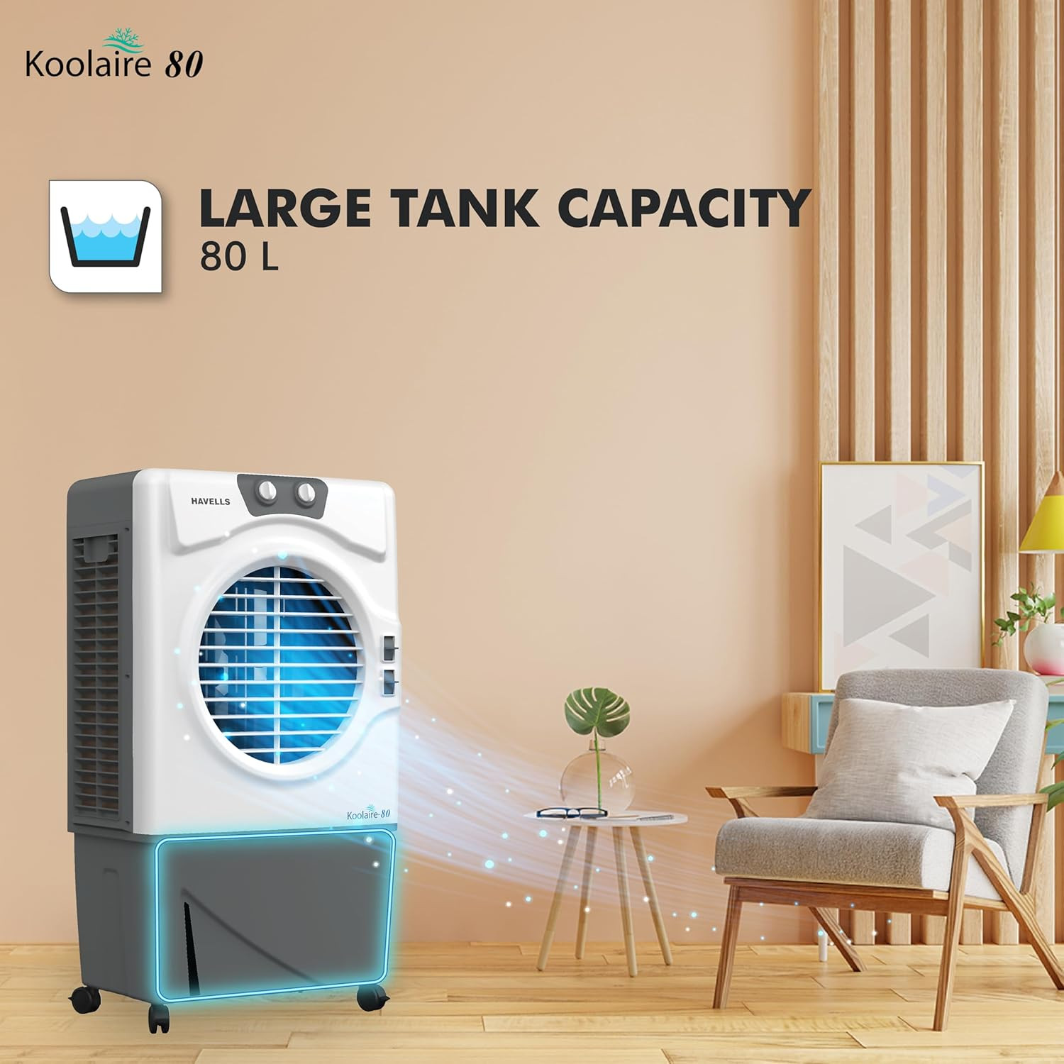 Havells Koolaire 80L Desert Air Cooler for home Powerful Air Delivery Everlast Pump 5 Leaf Metal Blade Fan Bacteria Shield High Density Honeycomb Pads Heavy Duty WhiteGrey