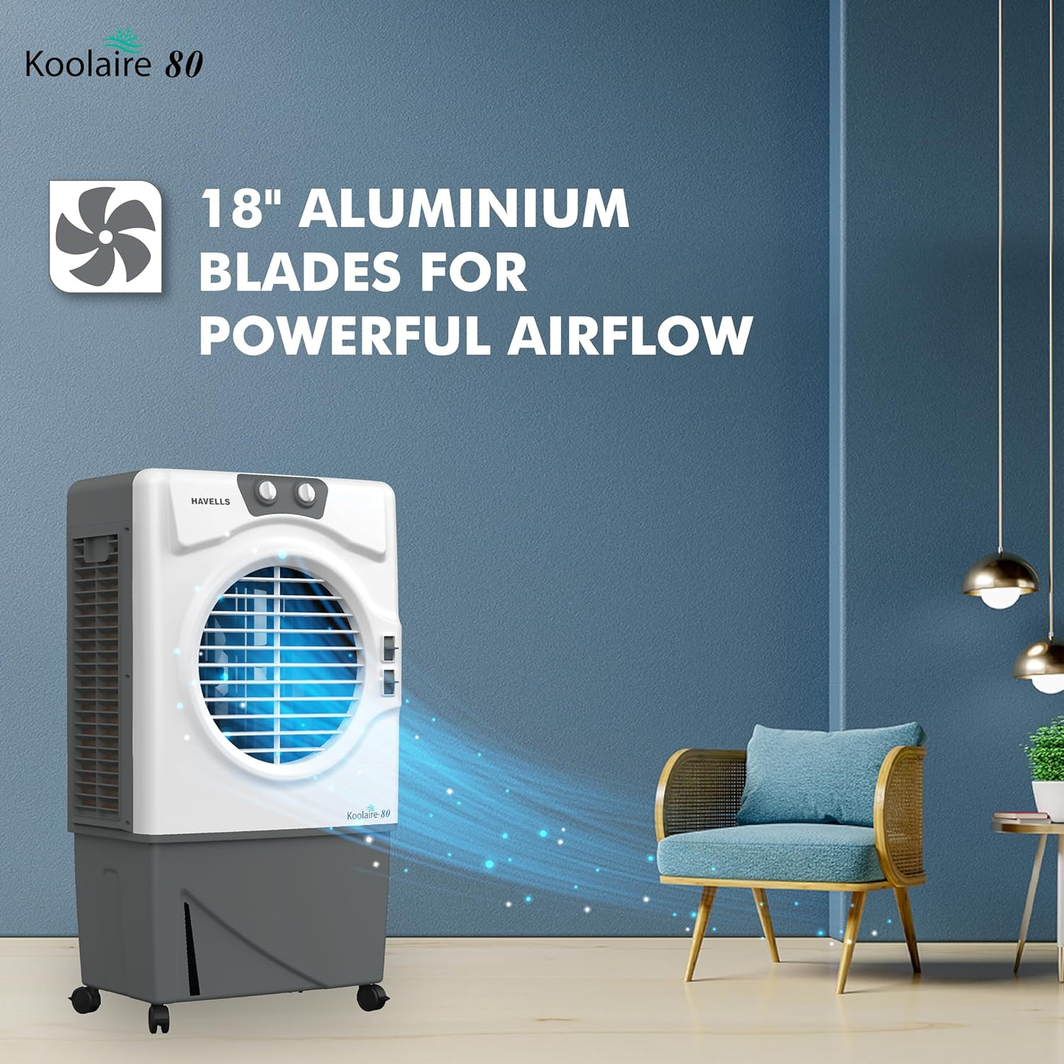Havells Koolaire 80L Desert Air Cooler for home Powerful Air Delivery Everlast Pump 5 Leaf Metal Blade Fan Bacteria Shield High Density Honeycomb Pads Heavy Duty WhiteGrey