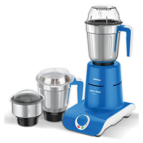 Image of Havells Maxx Grind 750 watt Mixer Grinder with 3 Wider Mouth Stainless Steel Jar, Hands Free Operation, SS-304 Grade Blade, Overload Indicator &amp; 5 Year Motor Warranty (Blue)