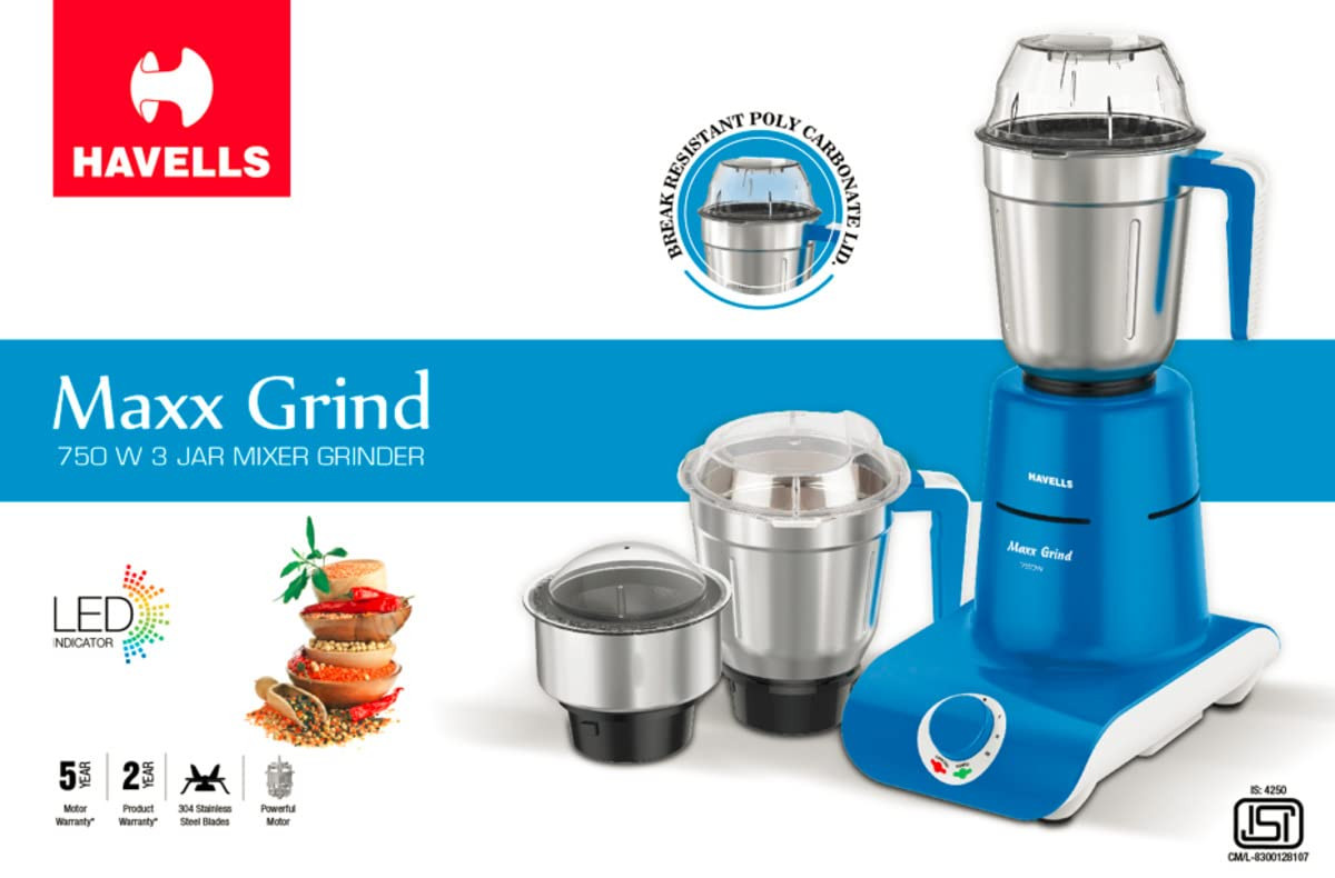 Havells Maxx Grind 750 watt Mixer Grinder with 3 Wider Mouth Stainless Steel Jar Hands Free Operation SS-304 Grade Blade Overload Indicator 5 Year Motor Warranty Blue