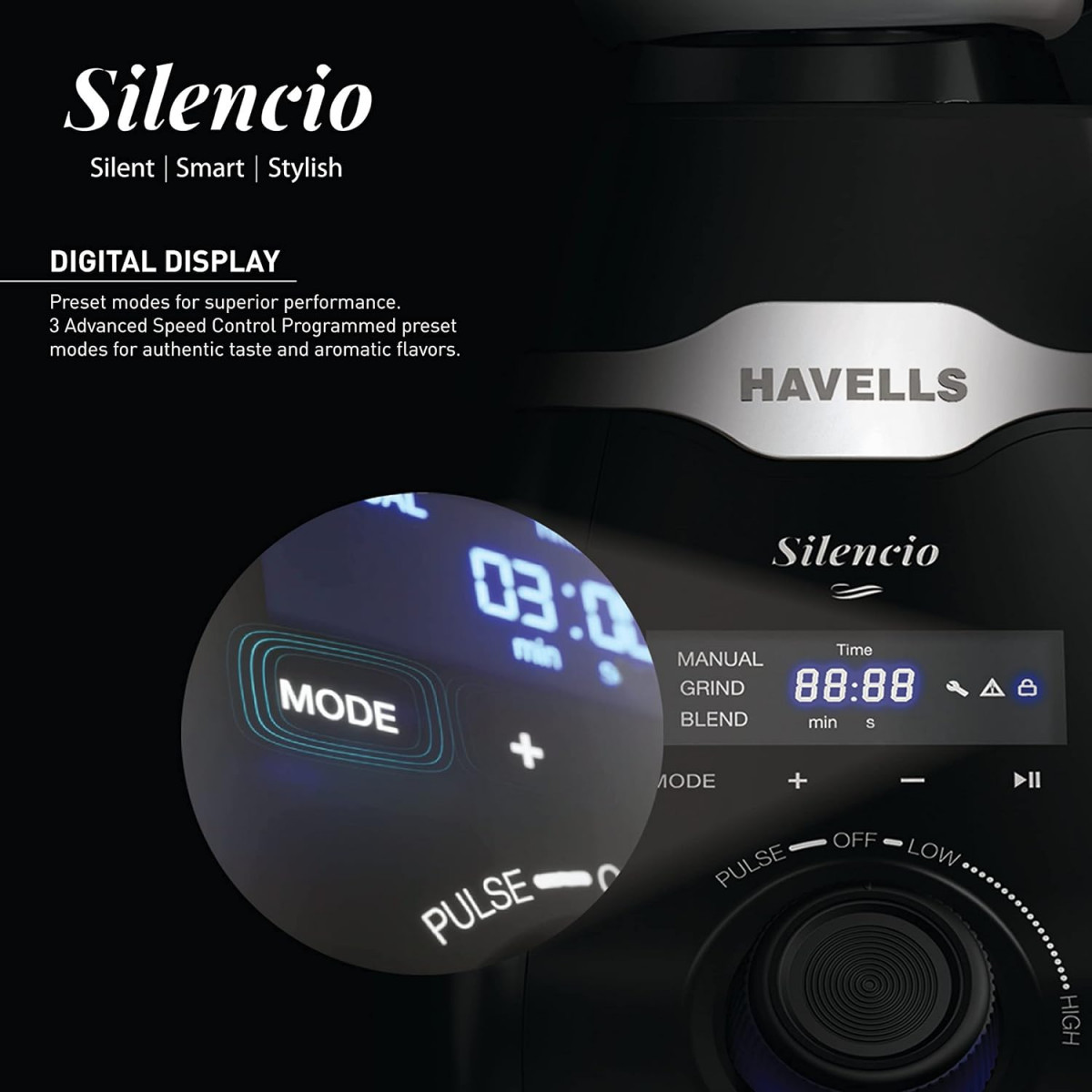 Havells Mixer Grinder Silencio Powerful HVDC Motor Hands Free Operation Triple Safety Protection Double Layered Jars Smart Digital Control 5 Year Motor Warranty 3 Jar Black