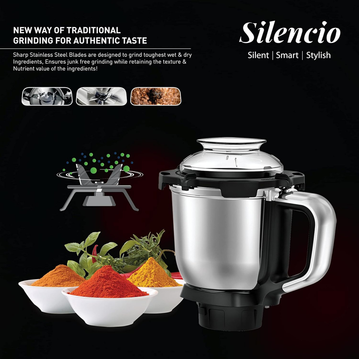 Havells Mixer Grinder Silencio Powerful HVDC Motor Hands Free Operation Triple Safety Protection Double Layered Jars Smart Digital Control 5 Year Motor Warranty 3 Jar Black