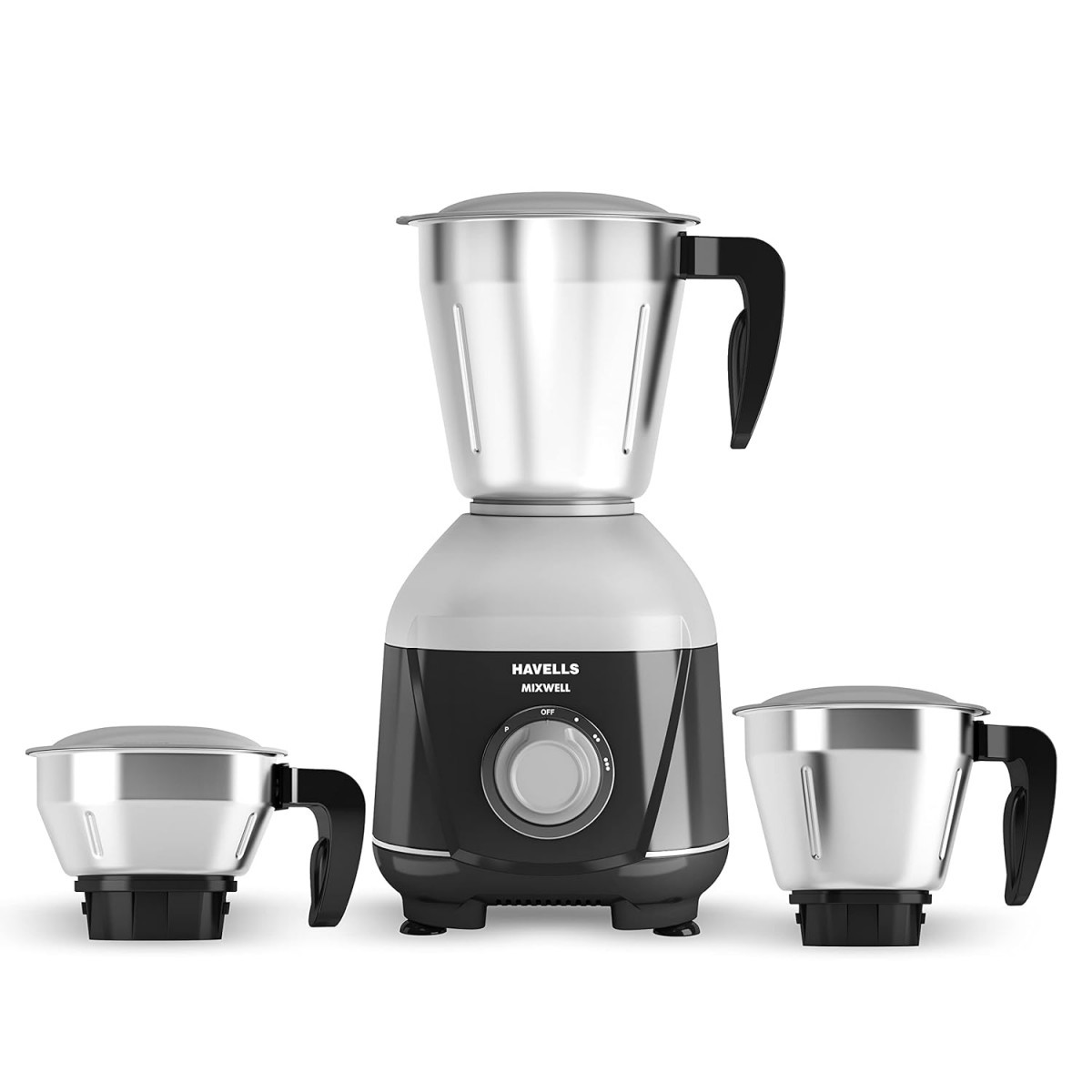 Havells MIXWELL 500 W 3 Jar Mixer Grinder 304 SS Blades I High Speed 21000 RPM Motor Heavy and Wider mouth SS Jars All Jars with Handle Black and Grey