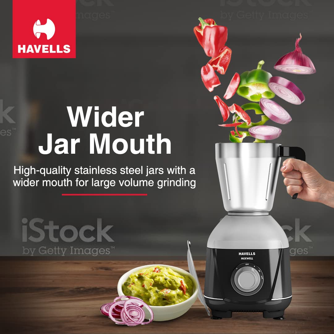Havells MIXWELL 500 W 3 Jar Mixer Grinder 304 SS Blades I High Speed 21000 RPM Motor Heavy and Wider mouth SS Jars All Jars with Handle Black and Grey