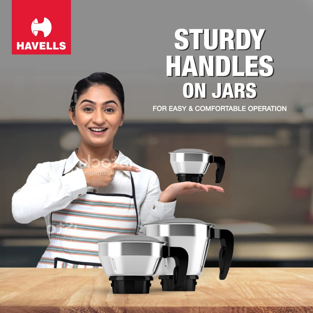 Havells MIXWELL 500 W 3 Jar Mixer Grinder 304 SS Blades I High Speed 21000 RPM Motor Heavy and Wider mouth SS Jars All Jars with Handle Black and Grey