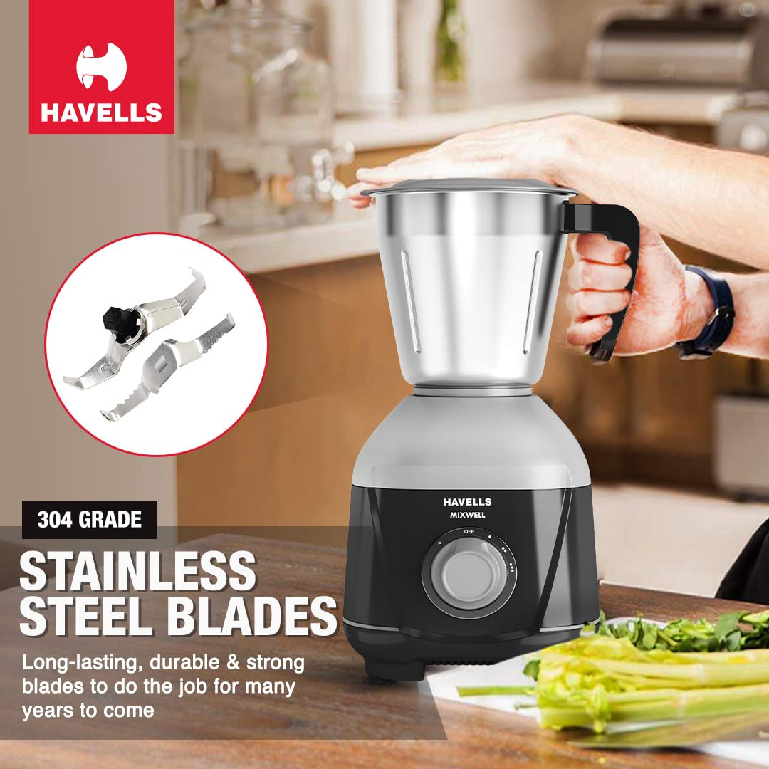 Havells MIXWELL 500 W 3 Jar Mixer Grinder 304 SS Blades I High Speed 21000 RPM Motor Heavy and Wider mouth SS Jars All Jars with Handle Black and Grey