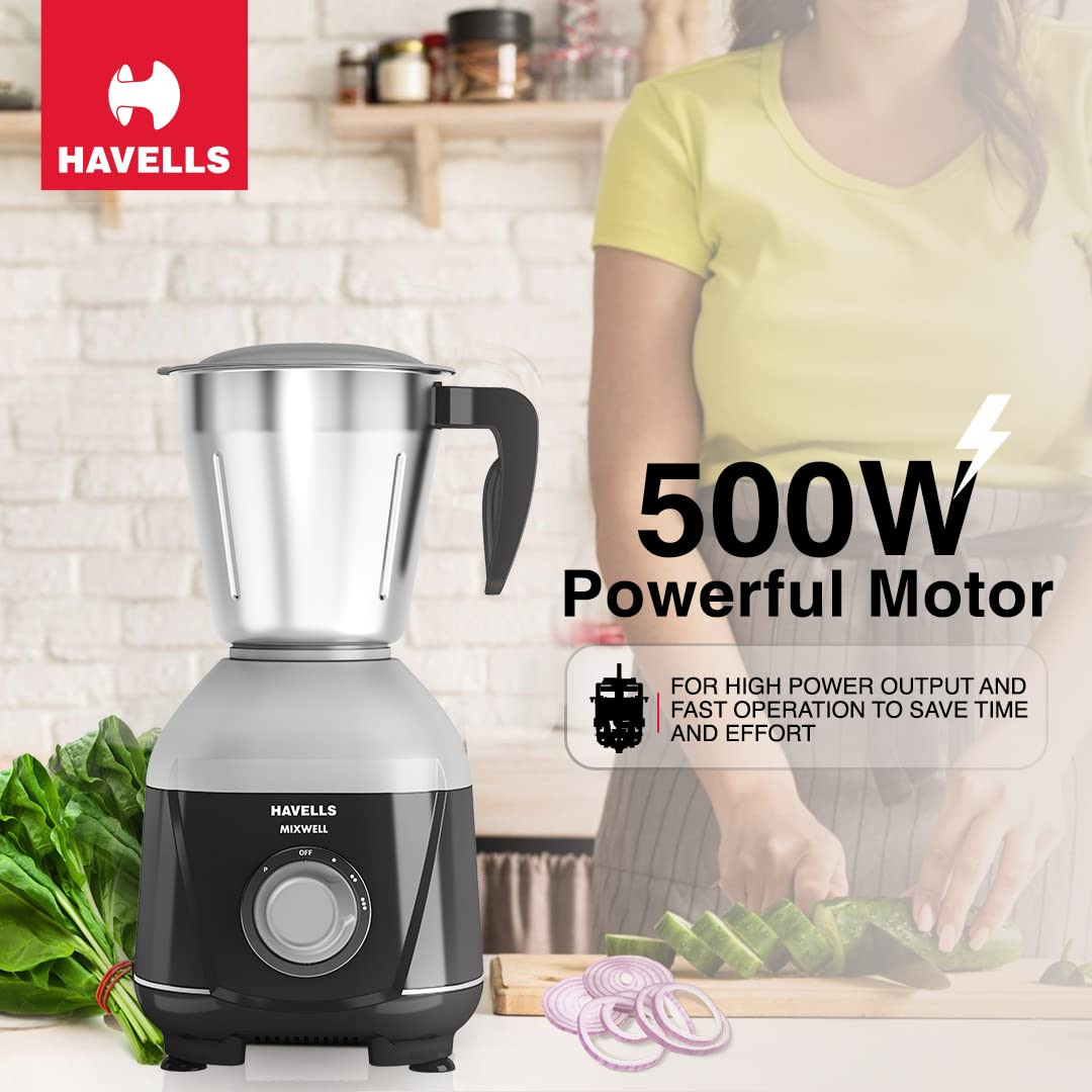 Havells MIXWELL 500 W 3 Jar Mixer Grinder 304 SS Blades I High Speed 21000 RPM Motor Heavy and Wider mouth SS Jars All Jars with Handle Black and Grey
