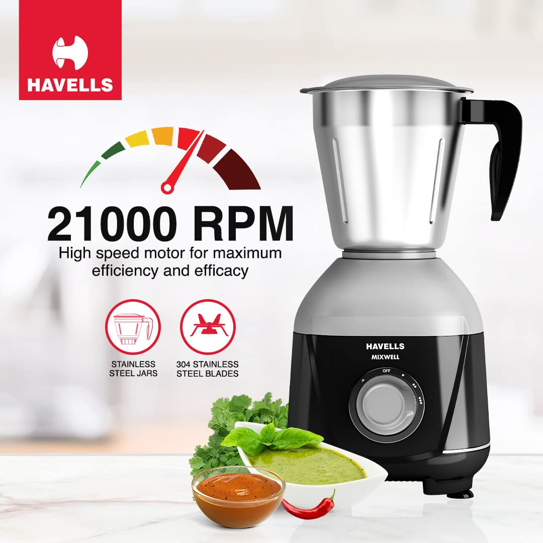 Havells MIXWELL 500 W 3 Jar Mixer Grinder 304 SS Blades I High Speed 21000 RPM Motor Heavy and Wider mouth SS Jars All Jars with Handle Black and Grey