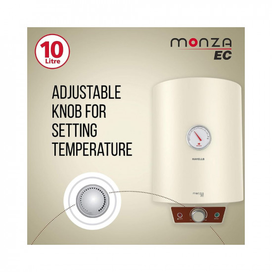 Havells Monza EC 10 L Storage Water Heater Metallic Body 2000 W With Free Flexi Pipe and Free Installation Warranty 7 Yr on Inn Container 4 Yr on Heating Element 2 Yr Compre Ivory