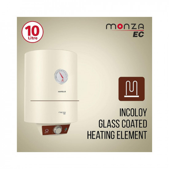 Havells Monza EC 10 L Storage Water Heater Metallic Body 2000 W With Free Flexi Pipe and Free Installation Warranty 7 Yr on Inn Container 4 Yr on Heating Element 2 Yr Compre Ivory