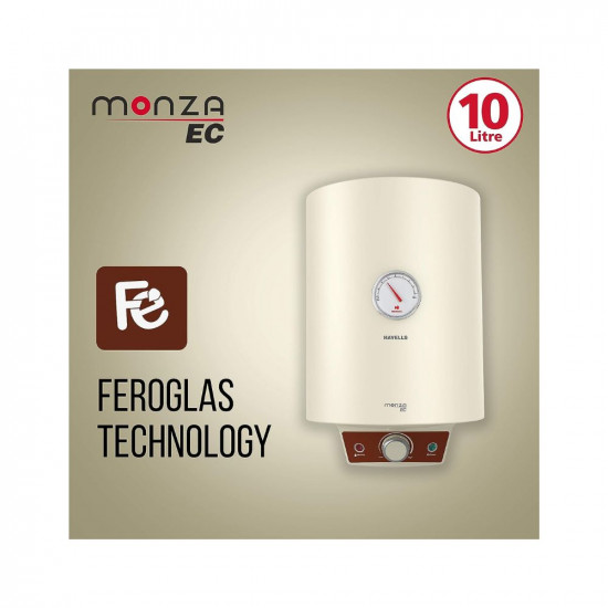 Havells Monza EC 10 L Storage Water Heater Metallic Body 2000 W With Free Flexi Pipe and Free Installation Warranty 7 Yr on Inn Container 4 Yr on Heating Element 2 Yr Compre Ivory