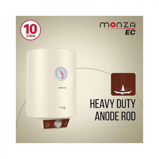 Havells Monza EC 10 L Storage Water Heater Metallic Body 2000 W With Free Flexi Pipe and Free Installation Warranty 7 Yr on Inn Container 4 Yr on Heating Element 2 Yr Compre Ivory