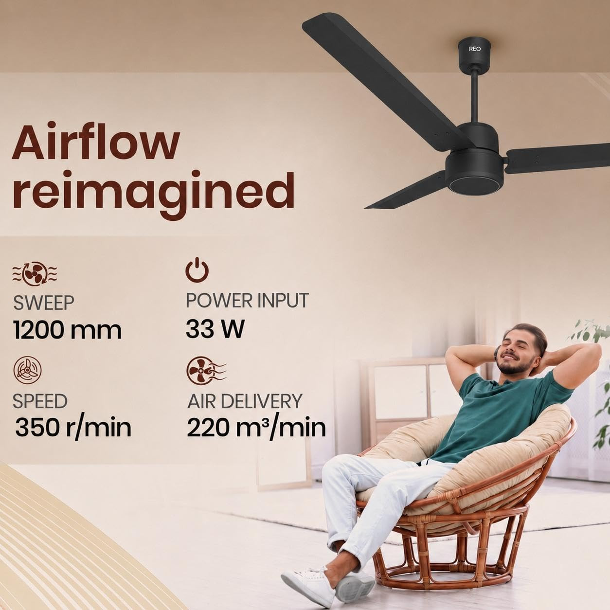 Havells REO BLDC 1200MM 5 Star Rated Ceiling Fan Air Flow 220 CMM Speed 350 RPMWatt 33W Reverse Rotation Mode Timer Setting 2 Year Door Step Warranty By Manufacturer Unnovate Matte Black