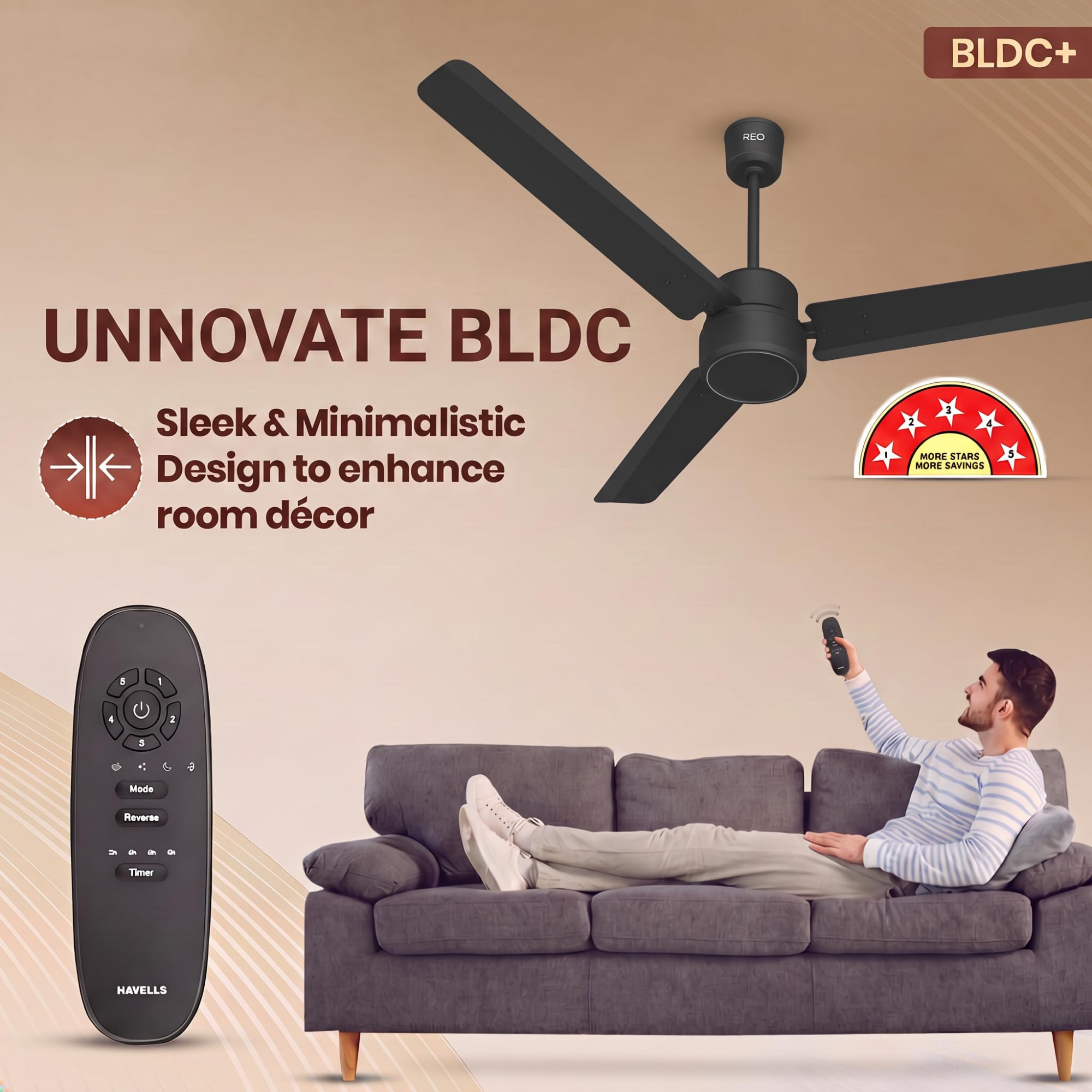 Havells REO BLDC 1200MM 5 Star Rated Ceiling Fan Air Flow 220 CMM Speed 350 RPMWatt 33W Reverse Rotation Mode Timer Setting 2 Year Door Step Warranty By Manufacturer Unnovate Matte Black