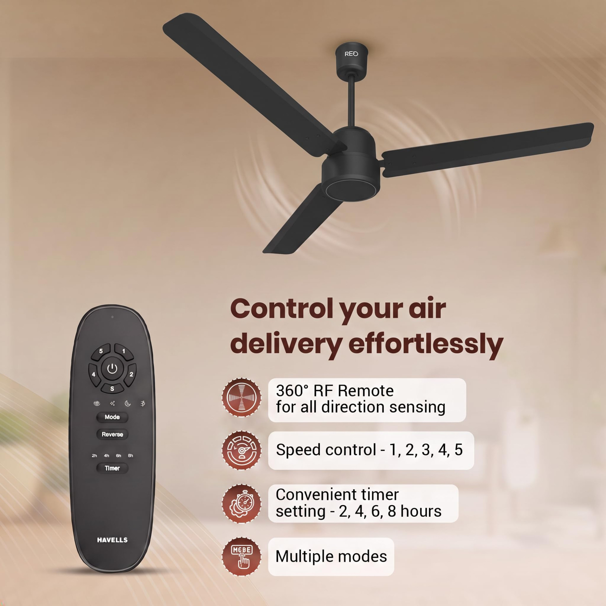 Havells REO BLDC 1200MM 5 Star Rated Ceiling Fan Air Flow 220 CMM Speed 350 RPMWatt 33W Reverse Rotation Mode Timer Setting 2 Year Door Step Warranty By Manufacturer Unnovate Matte Black