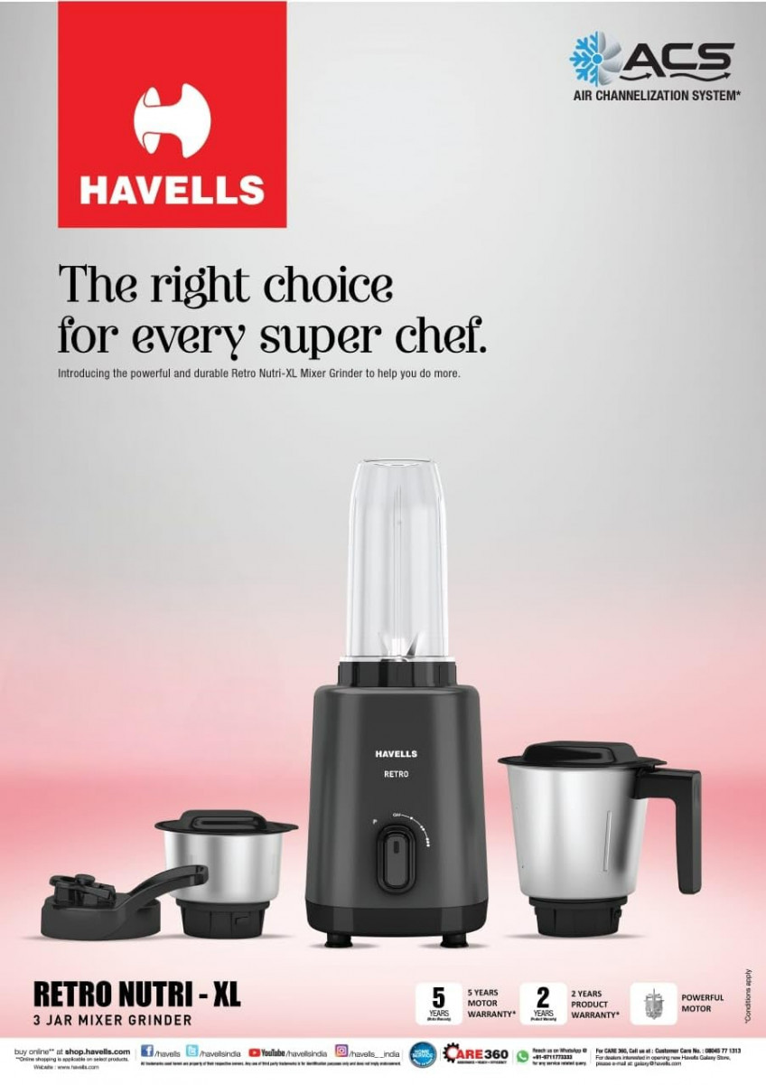 Havells Retro Nutri-Xl 500 Watts 3 Jar Mixer Grinder21000Rpm400Ml Chutney Jar600Ml Nutri Jar1L DryWet Grinding JarSlipper LidBlack