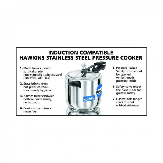 Hawkins 6 Litre Inner Lid Pressure Cooker Stainless Steel Cooker Induction Cooker Silver HSS60