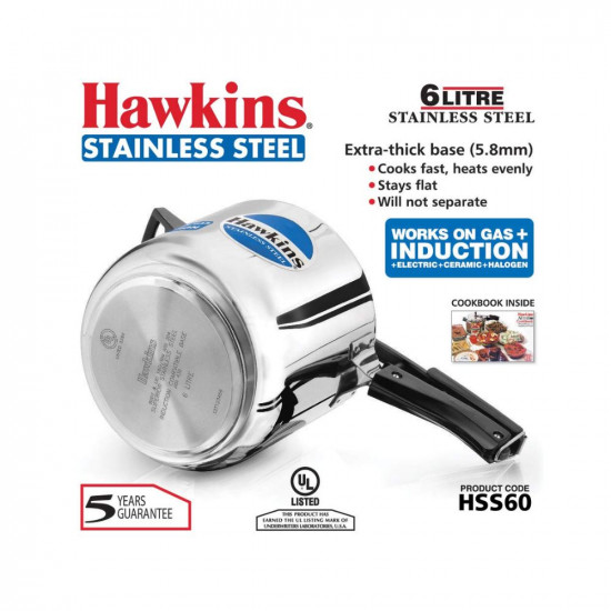 Hawkins 6 Litre Inner Lid Pressure Cooker Stainless Steel Cooker Induction Cooker Silver HSS60