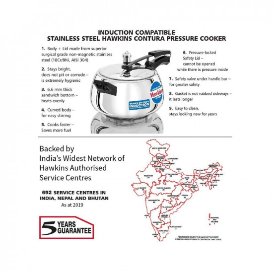 Hawkins Stainless Steel Contura Induction Compatible Inner Lid Pressure Cooker 5 Litre Silver Ssc50 5 Liter