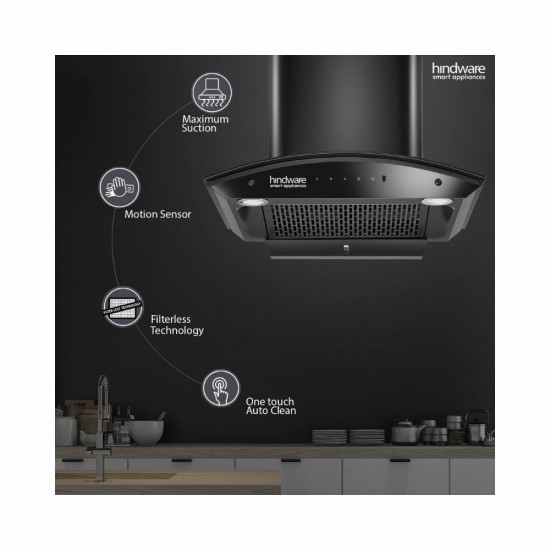 Hindware Smart Appliances Nadia IN 60 cm 1350 m hr Stylish Filterless Auto Clean Kitchen Chimney With Metallic Oil Collector