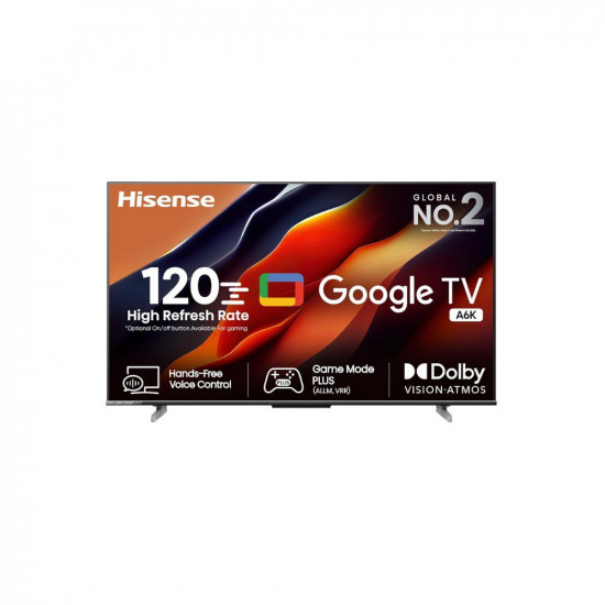 Hisense 189 cm 75 inches Bezelless Series 4K Ultra HD Smart LED Google TV 75A6K Gray  Dolby Vision  Atmos  HSR 120 Mode  Hands Free Voice Control