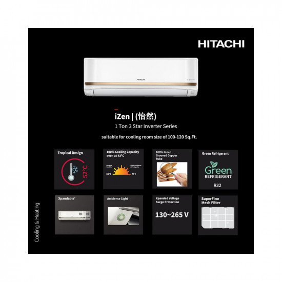 Hitachi 1 Ton 3 Star ice Clean Xpandable Plus Inverter Split AC 100 Copper Dust Filter 2023 Model iZen 3400FXL R32-RASG312PCAISF Dual Gold