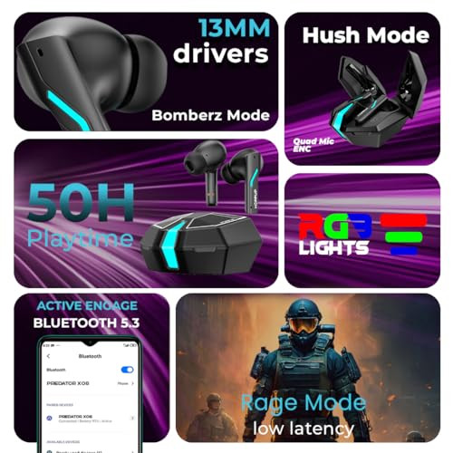 HOPPUP Xo6 Gaming Earbuds with 35MS Low Latency RGB LED 13MM Drivers 50H Playtime Bluetooth Coal Black True Wireless