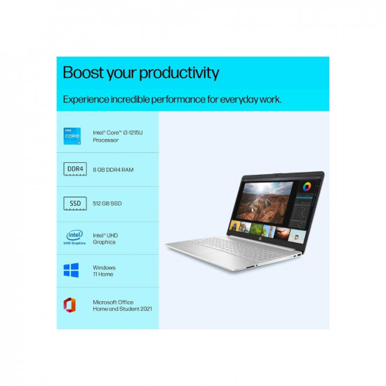 HP Laptop 15s 12th Gen Intel Core i3-1215U 156-inch 396 cm FHD 8GB DDR4 1TB SSD Intel UHD Graphics Thin Light Dual Speakers Win 11 MSO 2021 Silver 169 kg fy5005TU