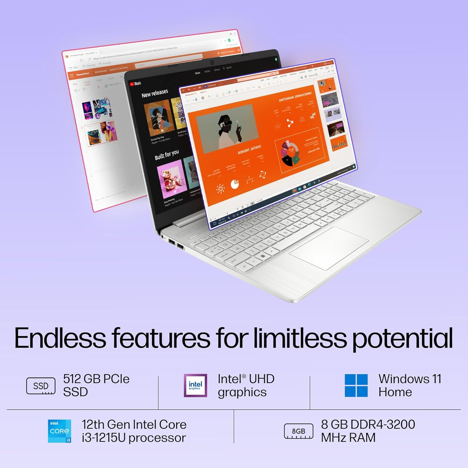 HP Laptop 15s 12th Gen Intel Core i3 156-inch 396 cm 8GB DDR4 512GB SSD Thin Light Dual Speakers Win 11 MSO 2021 Silver 169 kg fq5007TU FQ5327TU