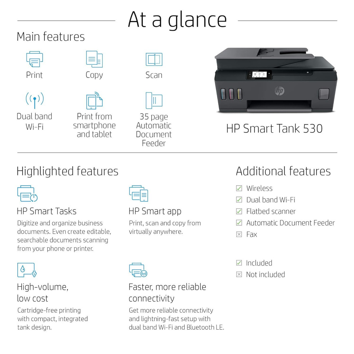 HP Smart Tank 530 All-in-one WiFi Colour Printer with ADF Upto 18000 Black and 8000 Colour Pages Included in The Box