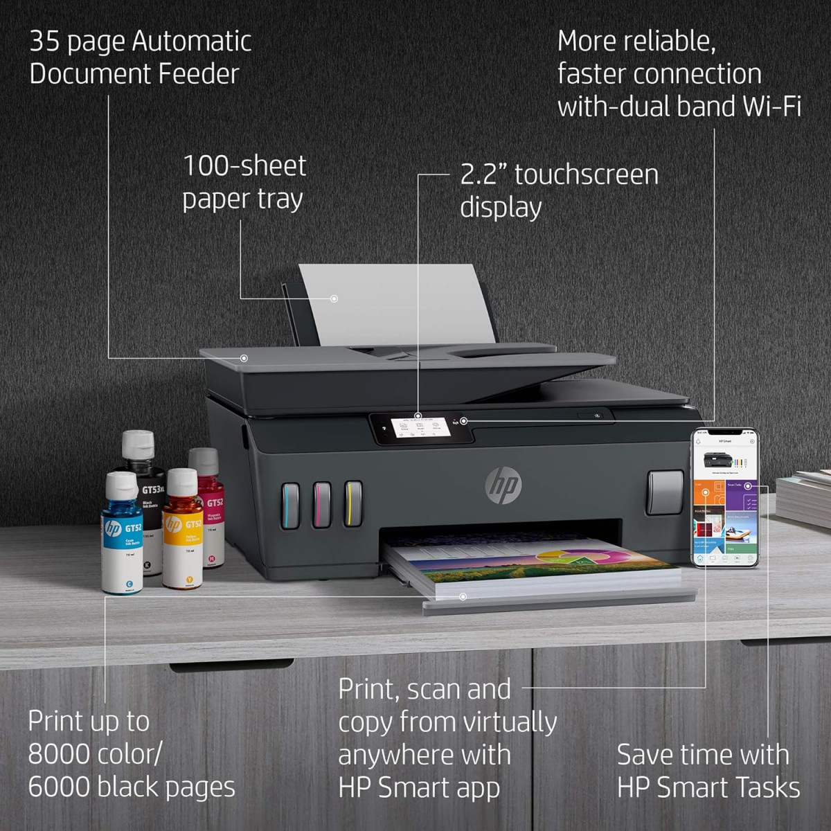 HP Smart Tank 530 All-in-one WiFi Colour Printer with ADF Upto 18000 Black and 8000 Colour Pages Included in The Box