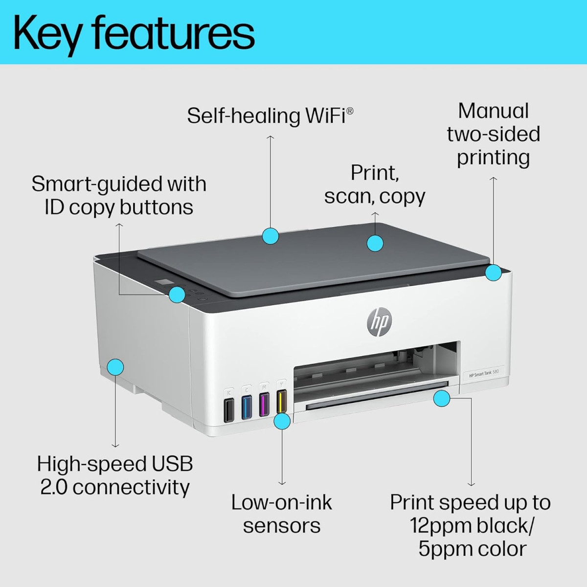 HP Smart Tank 580 AIO WiFi Colour Printer with 1 Extra Black Ink Bottle