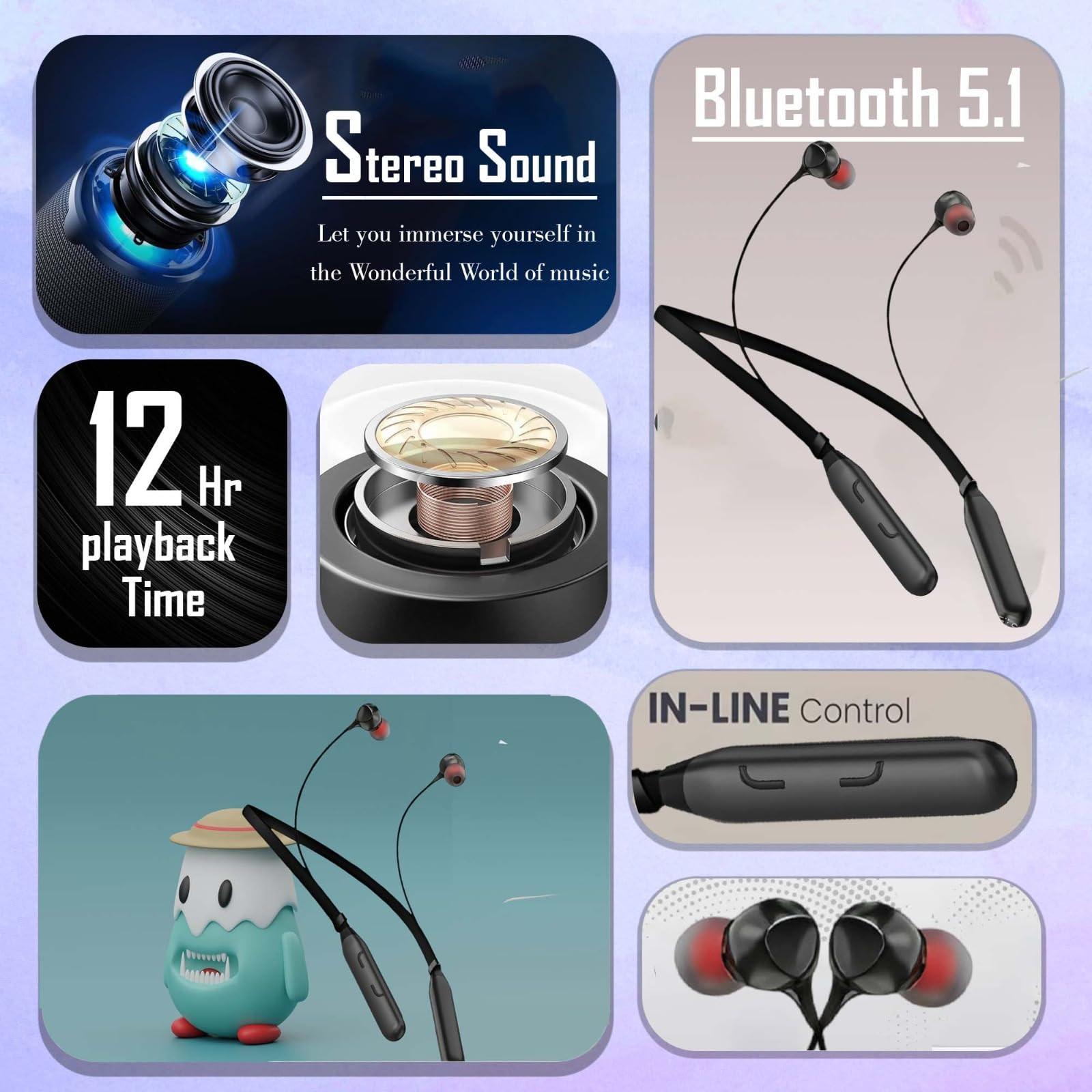HUG PUPPY Wireless Headphones Neckband Style V50 Bluetooth Long Battery Life Mic with Noise Control Black